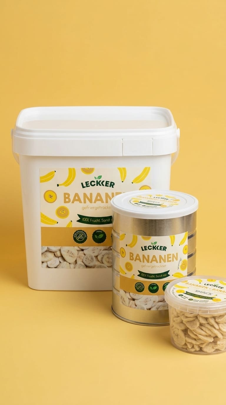 Frau isst gefriergetrocknete erdbeere und banane