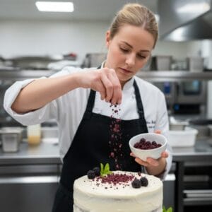 Köchin dekoriert mit gefriergetrockneten brombeeren einen Kuchen