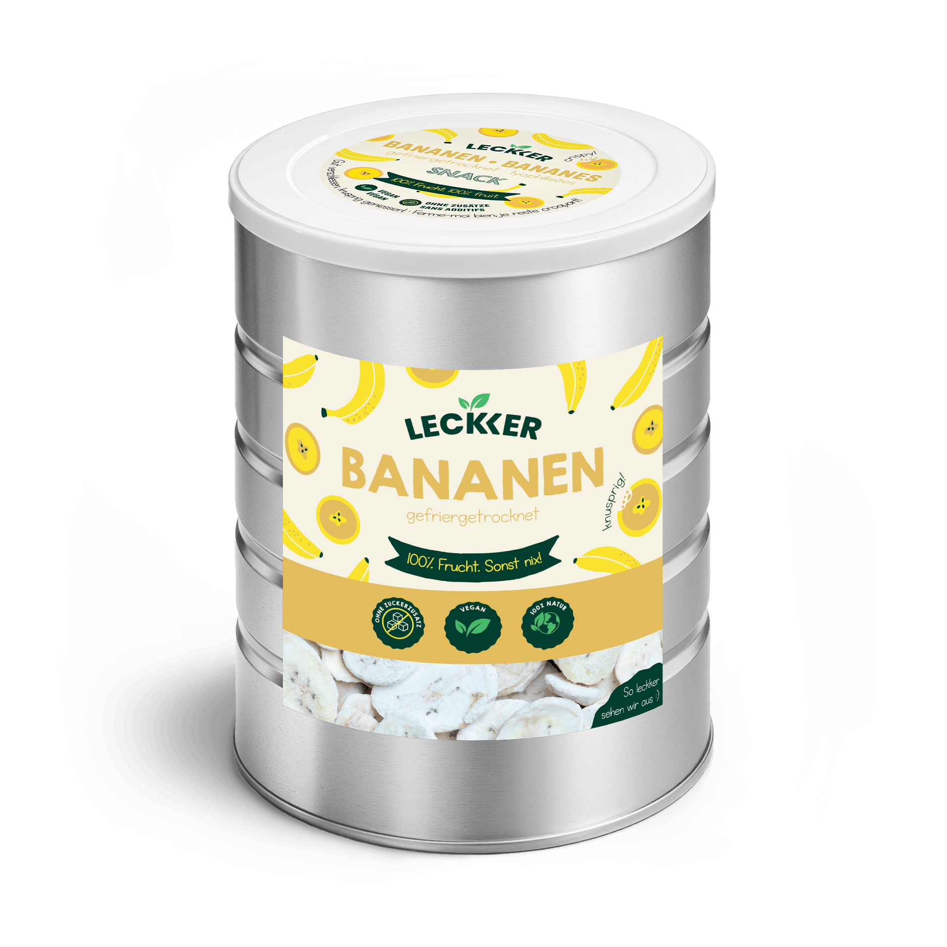 Frau isst gefriergetrocknete erdbeere und banane