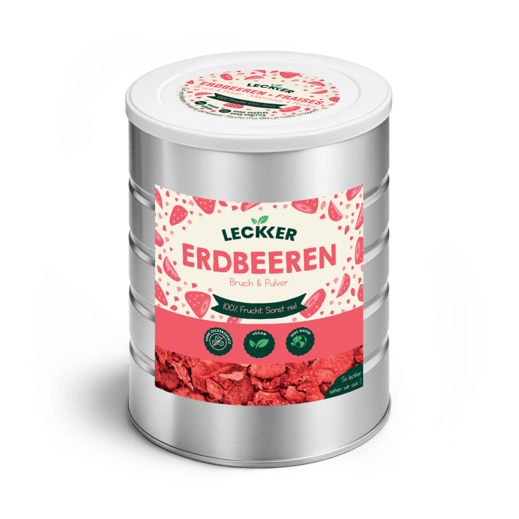 Gefriergetrocknete Erdbeeren von leckker in Edelstahl Dose