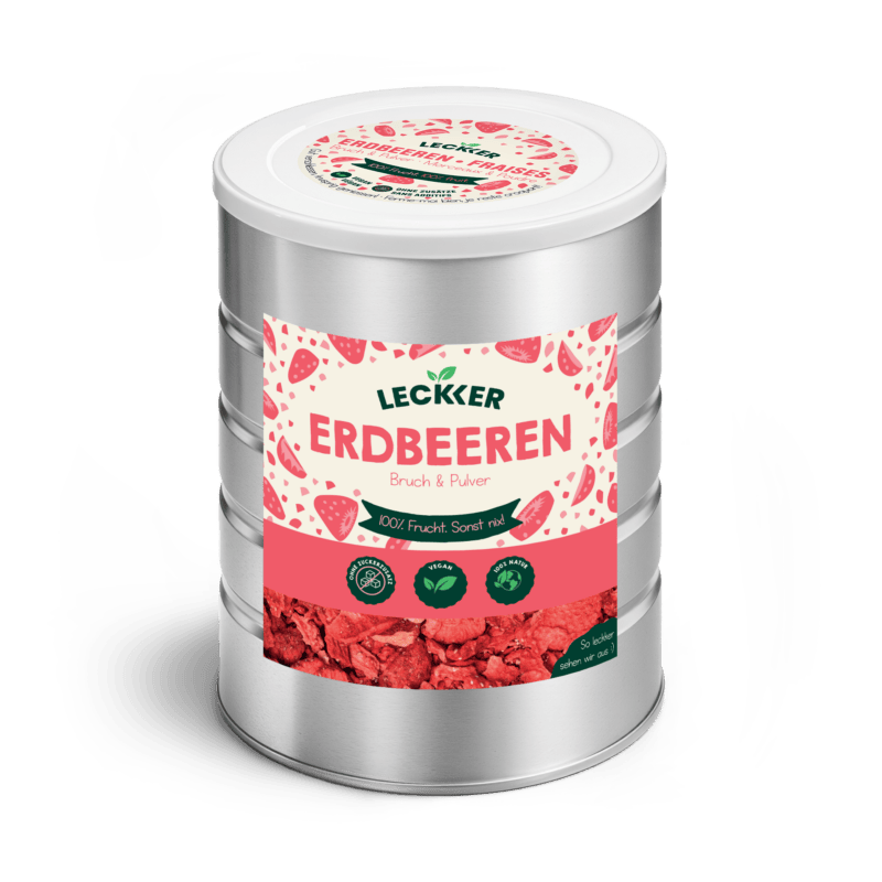 Gefriergetrocknete Erdbeeren von leckker in Edelstahl Dose