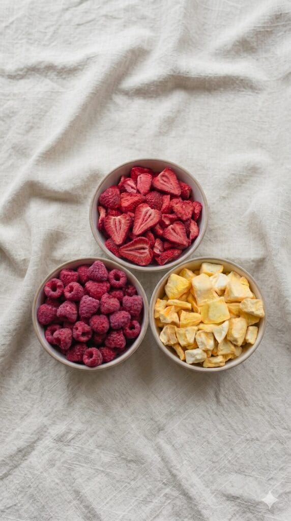 Kind sitzt in der Küche mit gefriergetrockneten Himbeeren